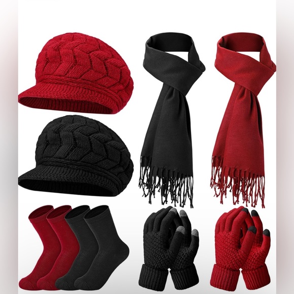 Women Winter Warm Knit Hat Scarf cap and Glove Wine Red - Picture 2 of 7